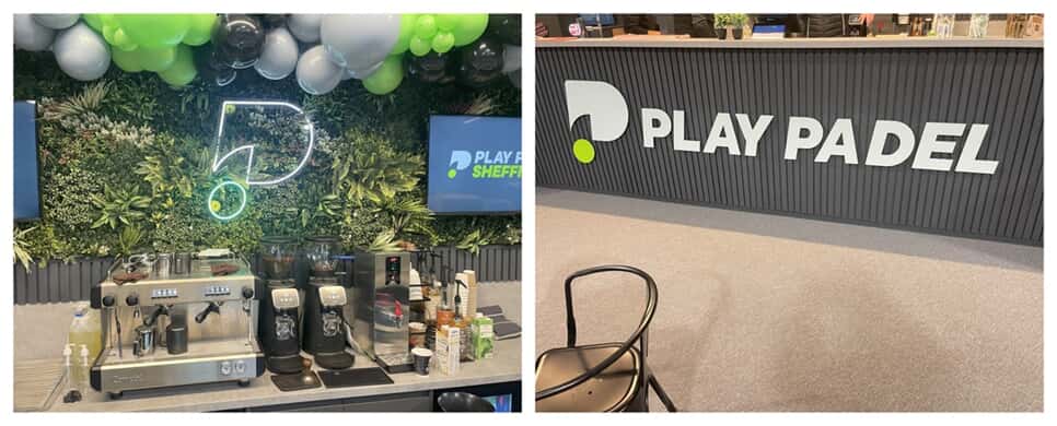 A collage of the interior neon Play Padel logo and other interior signage.